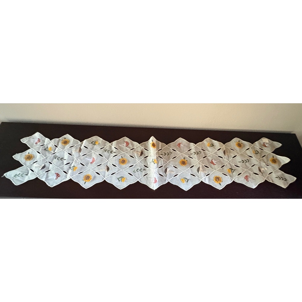 Embroidered Mushroom Sunflower Sheer Table Runner Light Tan 70x14 Cottagecore